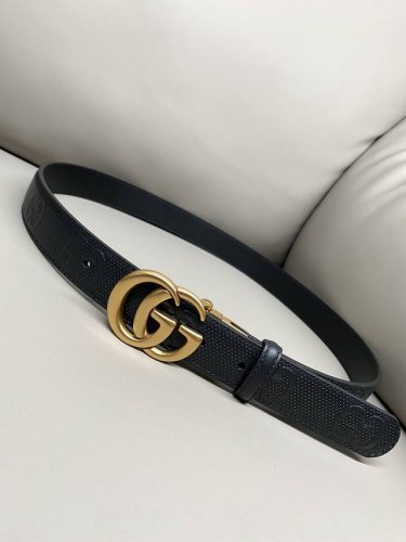 特 Gucci Signature 官網更新3.0寬度 熱壓款 雙G扣印花纹理坚实 進口小牛皮面皮