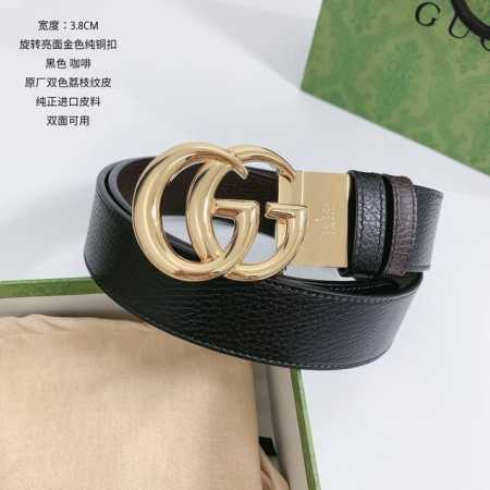 特 古奇 顶级货 宽度3.7Cm 双面进口全粒面荔纹小牛皮，黑色搭配咖啡，全粒面皮料越用皮面越发光亮，性价比十足。 扣头：纯铜旋转扣 - 点击图像关闭