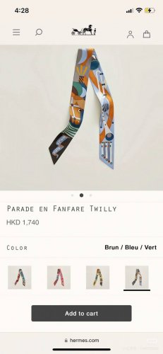 爱马仕Hermes “盛大游行”Twilly小丝巾Twilly小丝巾 100%桑蚕丝 重磅18姆米斜纹面料这款小巧的真丝配饰佩戴方式千变万化，可为您的日常造型增