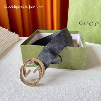 特 Gucci 灰黑色進口帆布Pvc耐用材料 搭配平紋頭層皮底 寬度40Mm 经典花紋扣永不过时款 潮流大方 时尚百搭
