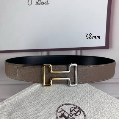 HermèS爱马仕 双头尖 双面原版 原单品质 进口头层牛皮 灰色荔枝纹搭配黑色平纹 寸半38Mm 配官网H 金银间色纯钢扣