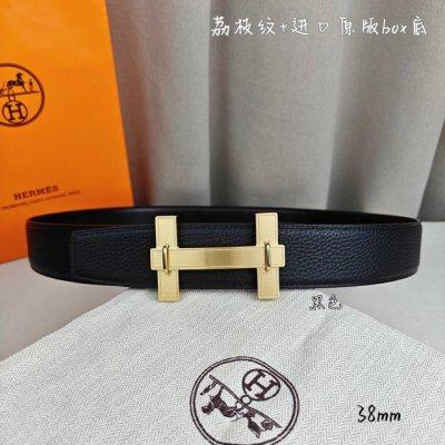 特 Herm 爱马仕 双头尖 双面原版 原单品质 进口头层牛皮 黑色荔枝纹搭配黑色平纹 寸半38Mm 配H官网新款拉丝金 银 黑扣