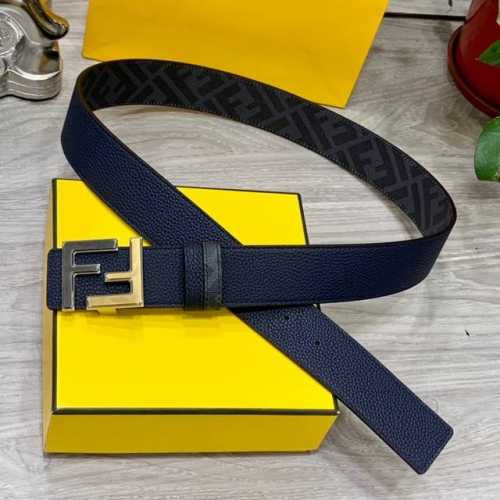 Fendi 芬迪 专柜同款 宽4.0Cm 双环正反用腰带 Ff按钉搭扣 兰色cuoio Romano皮革材质 反面面料带有烟草黄和黑色ff图案 黑色珐琅金属饰面