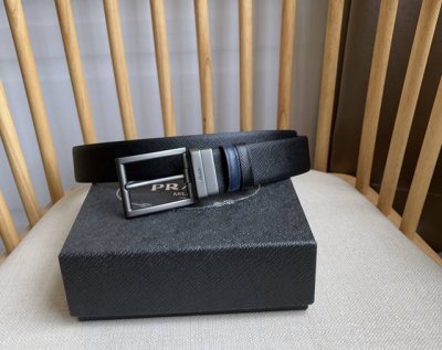 prada 普拉达 专柜同款 男士一皮双用针扣款 带身一面黑一面咖 双面十字纹小牛皮宽度:3.5Cm 搭配原版旋转针扣 手感极佳 原单品质