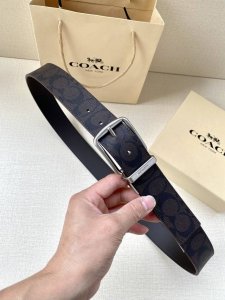 宽度3.8Cm Coach 这款双面腰带一面为经典标志帆布材质，另一面为精制皮革材质，配有标志性扣件，将两种外形合二为一。通过简单的说明，可用剪刀剪裁至完美合身