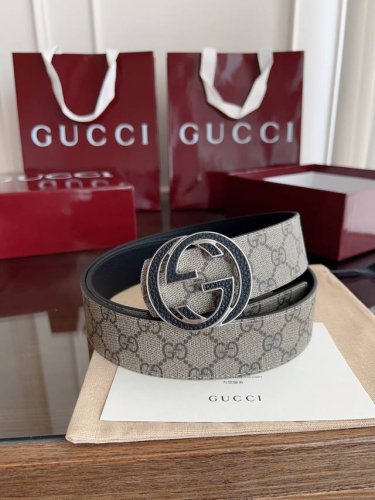 绝美Gucci 双G扣男士新款腰帶 專櫃同步 寬4厘米 帶身帆布咖老花-拼進口荔枝紋黑色 精緻真空電鍍雙G鋼扣 雙面可用