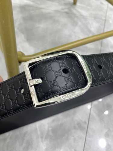 特 Gucci 古驰 进口牛皮革针扣 牛皮腰带黑色 宽4Cm 官网 得物 同款 压小花平尾 大孔款