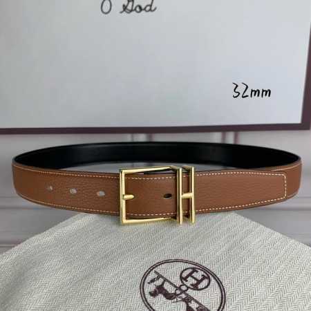 HermèS 爱马仕针扣 原单品质 头层牛皮 土黄色荔枝纹搭配黑色平纹 32Mm宽 双面可用 配官网H亮金 亮银 哑黑扣 - 点击图像关闭