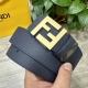 图片包装＋10 Fendi 芬迪 专柜同款 宽4.0Cm 双环正反用腰带 Ff按钉搭扣 深蓝色Cuoio Romano皮革材质 反面面料带有烟草黄和黑色Ff图案