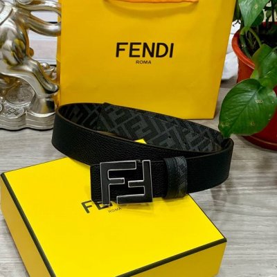 Fendi芬迪专柜同款 宽4.0Cm 双环正反用腰带 Ff按钉搭扣 Cuoio Romano皮革材质 反面面料带有烟草黄和黑色Ff图案 黑色珐琅金属饰面 时尚经
