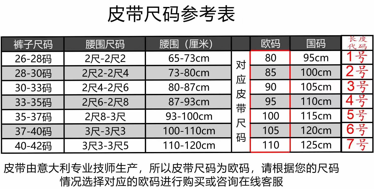 皮带尺码表