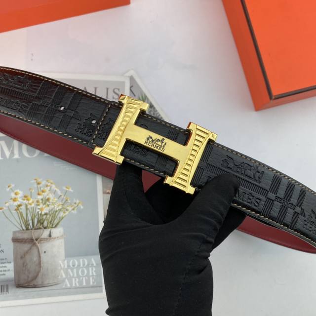 配全套包装礼盒 爱马仕 男士花皮腰带38Mm 可双面使用 专柜走线 搭配新款扣