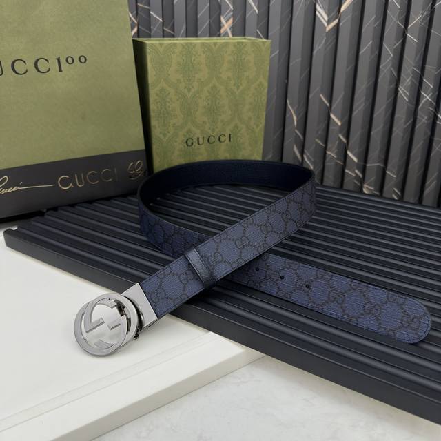 Gucci 627055 Facjt 8441 深蓝色Supreme pvc老花 深蓝猪皮纹底 宽度3.7Cm 小标Gg旋转扣[原单精品扣] 双面可用 可裁剪